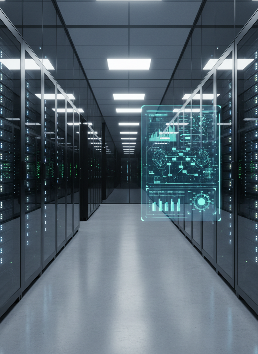 A sleek, glass-walled data center corridor with rows of matte-black server racks stretching into the distance, each rack neatly lit by subtle blue and white status LEDs. On the right side, a transparent 3D holographic dashboard hovers in midair, visualizing AI and digital transformation metrics with charts, neural network diagrams, and process flows. Cool, diffused overhead lighting reflects softly on the polished concrete floor, creating gentle, precise shadows. Photographic realism with a clean, modern aesthetic, captured from a slightly low, centered perspective to emphasize depth and scale. The mood is professional, futuristic, and organized, suggesting a high-performance AX and DX environment where data and intelligence converge seamlessly.