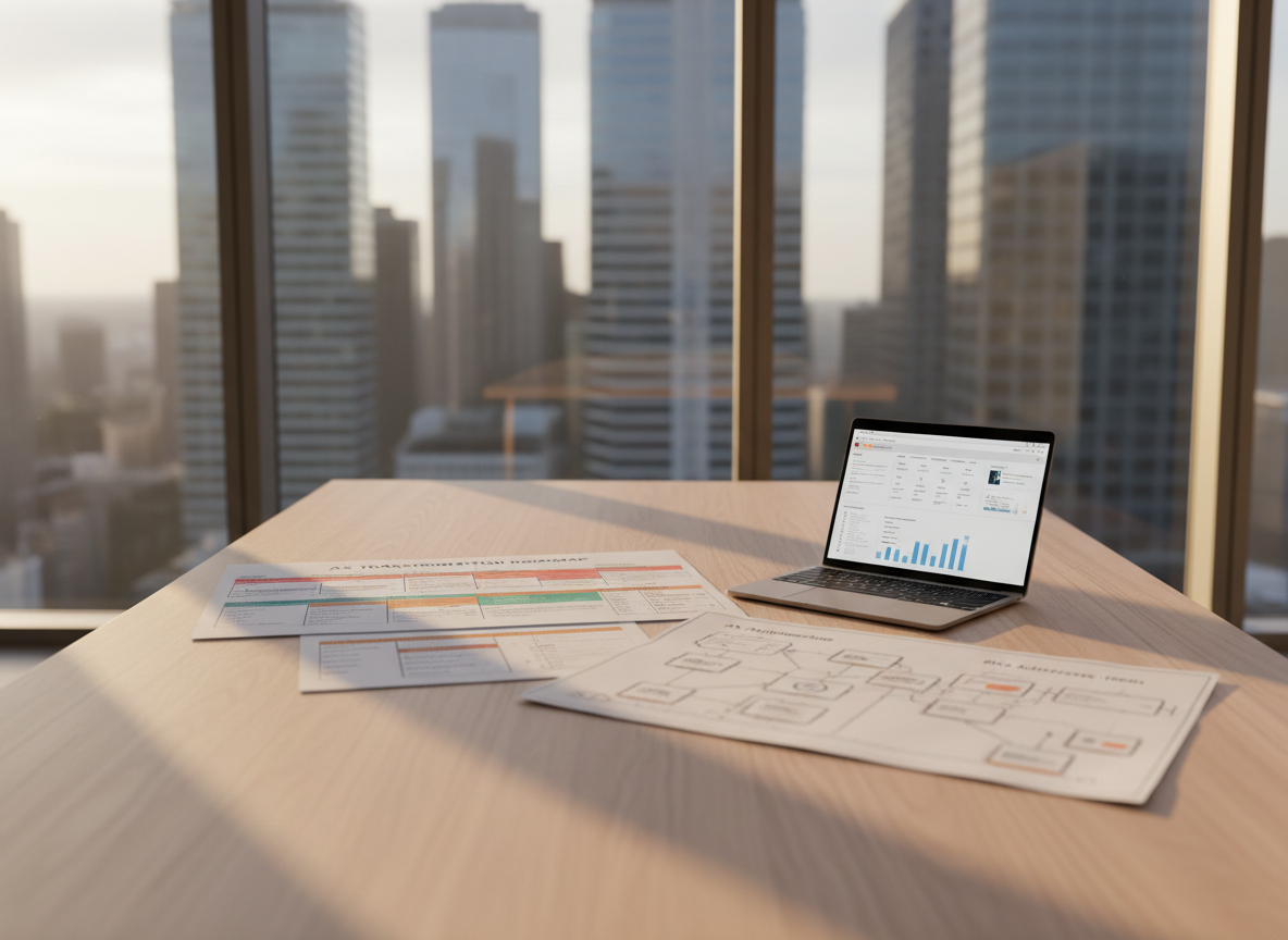 A minimalist corporate meeting table rendered in photographic realism, made of pale ash wood with a subtle matte finish, positioned in front of a large floor-to-ceiling window overlooking a soft-focus cityscape of glass towers. On the table lie three key artifacts: a printed AX roadmap with layered timelines and milestones, a DX architecture blueprint with systems and integrations, and a thin, open ultrabook showing an AI model performance dashboard. Late-afternoon natural light streams through the window, creating a warm, strategic glow with elongated shadows across the documents. Shot from a slightly elevated, diagonal angle using a shallow depth of field to keep the central documents in sharp focus. The mood is calm, executive, and decision-oriented, emphasizing the alignment of AI and digital transformation strategy.
