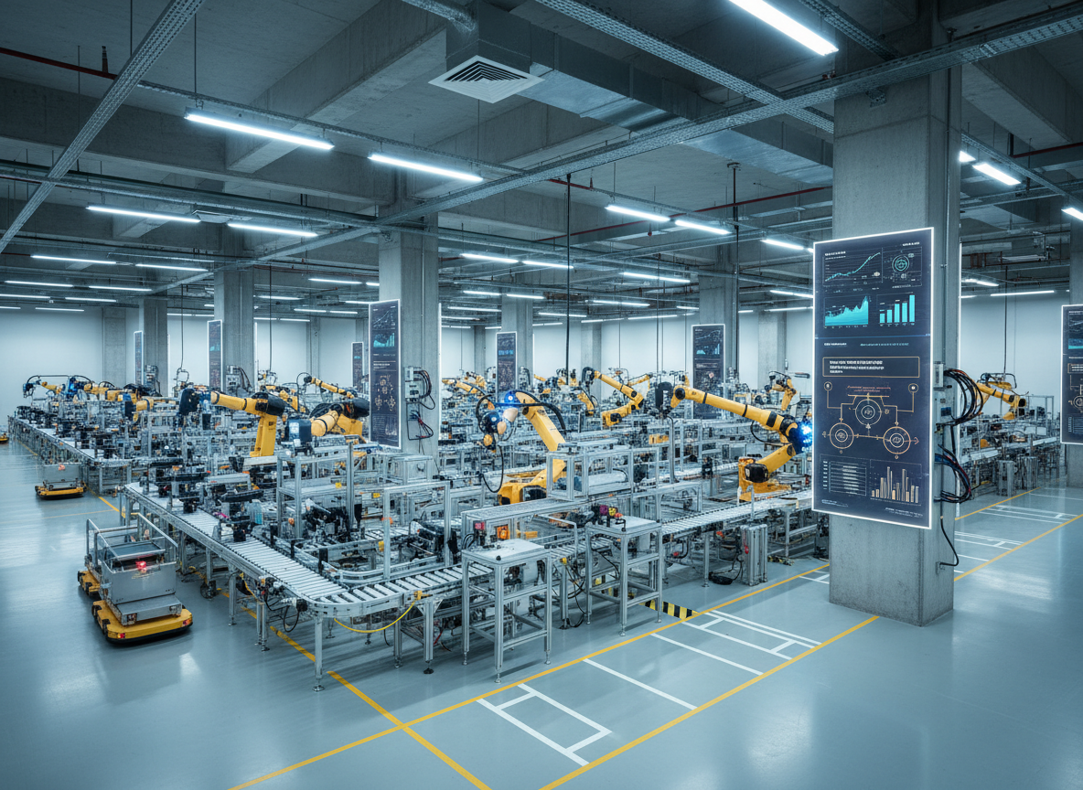 A meticulously organized smart factory floor viewed from a slightly elevated angle, filled with industrial robots, automated conveyor belts, and neatly arranged IoT sensors on metal frameworks, all operating without any humans present. Large digital displays on structural columns visualize real-time analytics, predictive maintenance alerts, and AI-driven optimization graphs in clean, modern UI designs. Cool, bright overhead industrial lighting casts crisp, controlled shadows on the smooth epoxy floor, emphasizing precision and order. Photographic realism with sharp focus throughout, capturing the full depth of the production line. The atmosphere is efficient, forward-looking, and highly technical, perfectly embodying a mature digital transformation environment enhanced by applied AI.