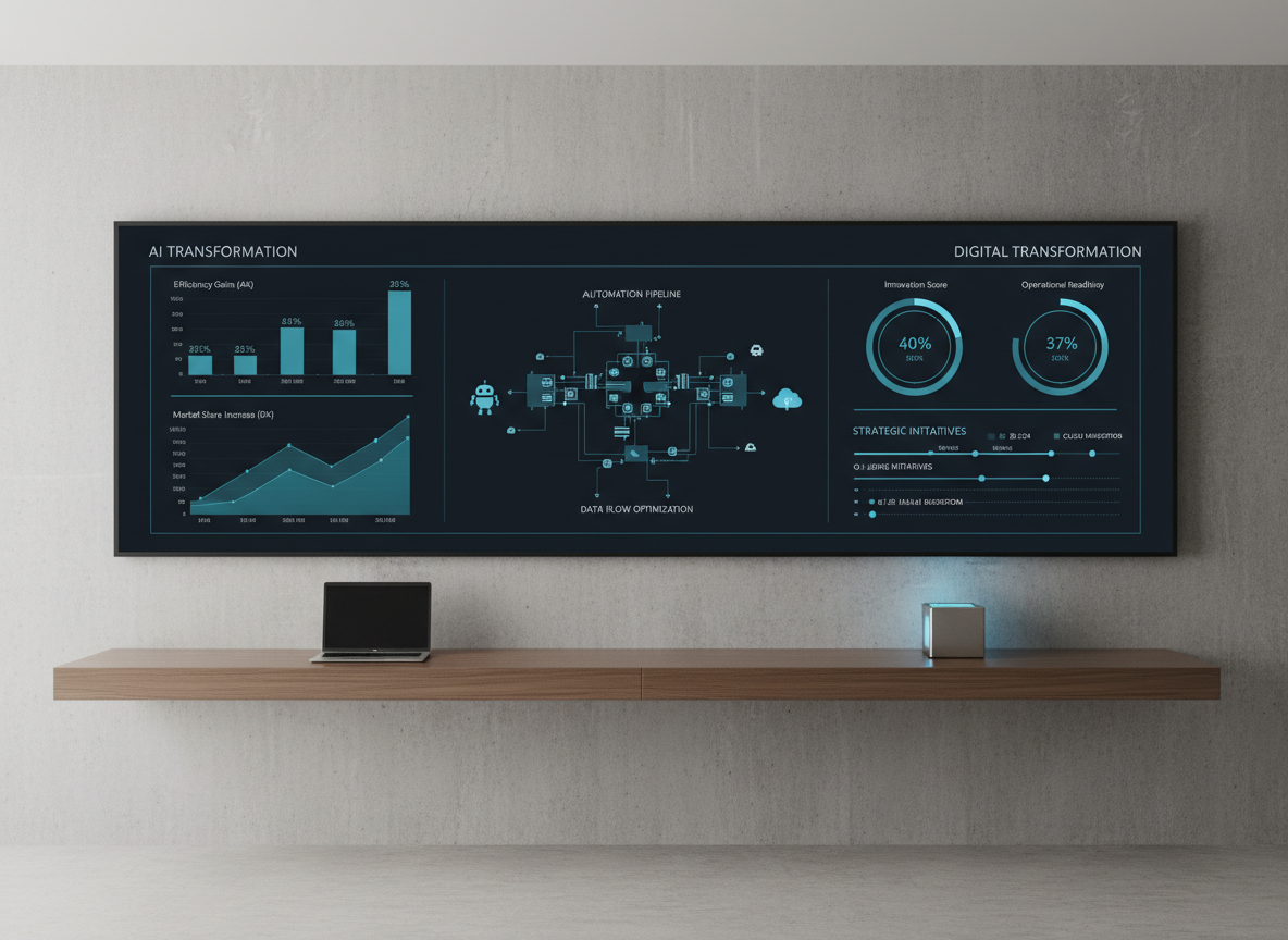 A large, ultra-wide digital dashboard mounted on a minimalist concrete wall in a modern operations room, displaying an integrated view of AI transformation and digital transformation KPIs. Crisp charts, process maps, and automation icons are rendered in refined blues, teals, and whites on a dark interface. Below, a long wooden console holds a single slim laptop and a small metallic cube device glowing softly. Neutral, soft studio lighting creates a calm, analytical atmosphere with gentle reflections on the screen and subtle shadows along the wall. Photographic realism from a straight-on eye-level composition, with sharp focus throughout. The scene feels strategic, methodical, and executive-ready, ideal for illustrating high-level AX/DX governance and performance monitoring.