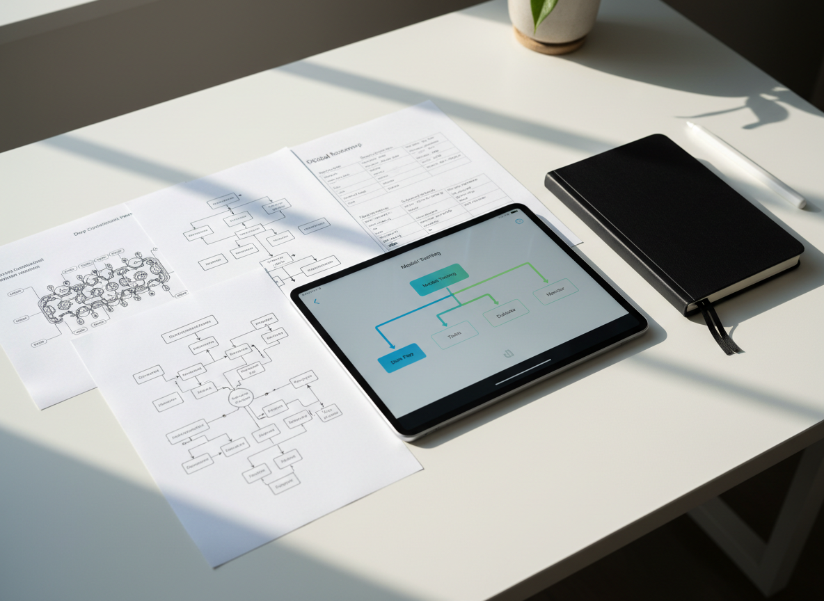 A close-up, overhead photographic view of an elegant AI workflow sketch laid out on a smooth white desk: printed diagrams of neural networks, process automation flowcharts, and customer journey maps are arranged with precision. A brushed aluminum tablet displays a clean interface showing a model training pipeline and deployment stages. Next to it, a slim black notebook is open to a hand-drawn DX roadmap. Soft morning light from an unseen side window washes across the desk, creating gentle shadows from the papers and devices. The composition follows the rule of thirds, with a shallow depth of field emphasizing the main diagrams and leaving the background slightly blurred. The overall mood is focused, practical, and professional, highlighting real-world planning for AX and DX projects.